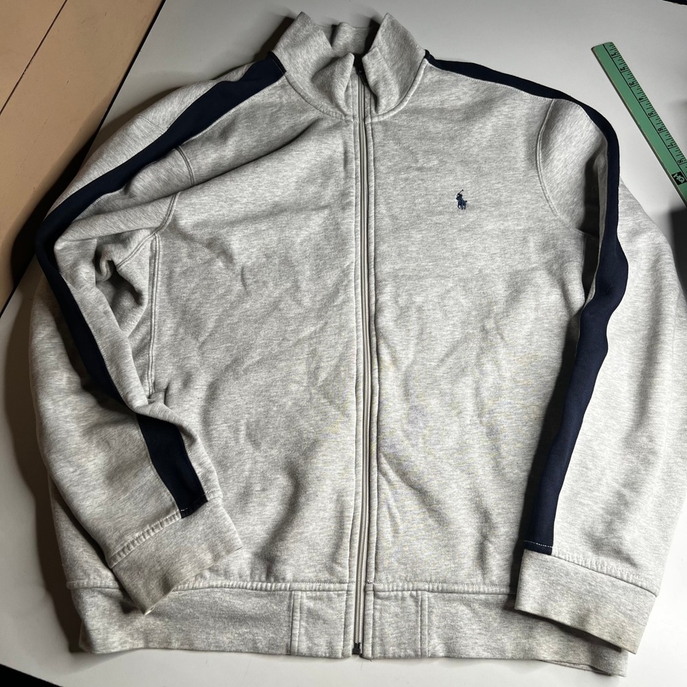 Polo Ralph Lauren Mens XXL Gray Navy Stripe Full Zip Track‎ Jacket Fleece Mock
